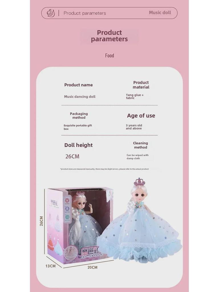 26 cm Zpívající, rotující a tančící panenka princezna Barbie s hudbou a světly – dětská hračka.