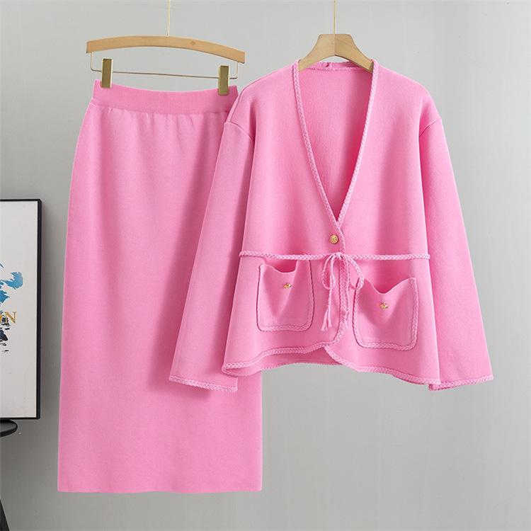 Women's Knitwear Two-piece Set Autumn Winter Knitted Cardigan Hip Skirt Set  V-neck Cardigan Pencil Skirt Two-piece Outfits