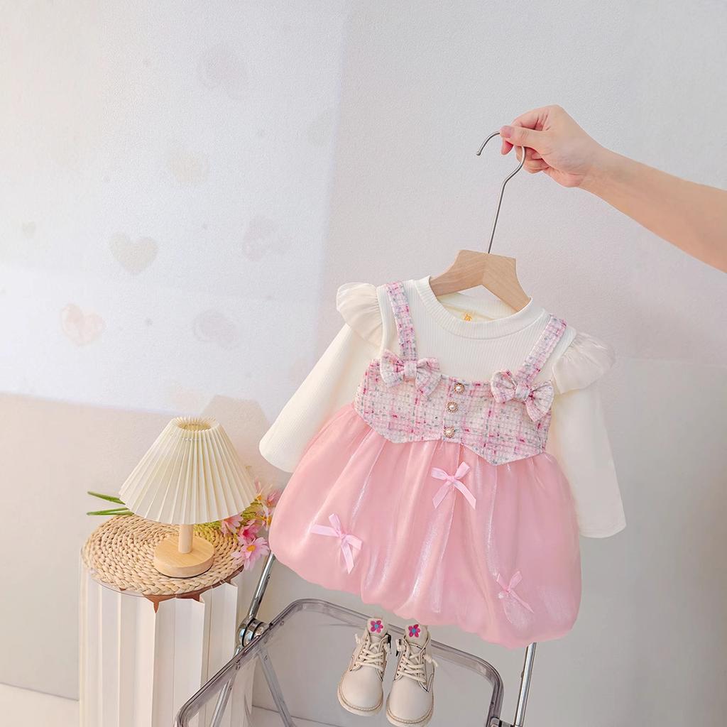 Girls Prinss Dress Spring Summer Autumn Fake Two Pie Bowknot Stylish Fashionable Versatile