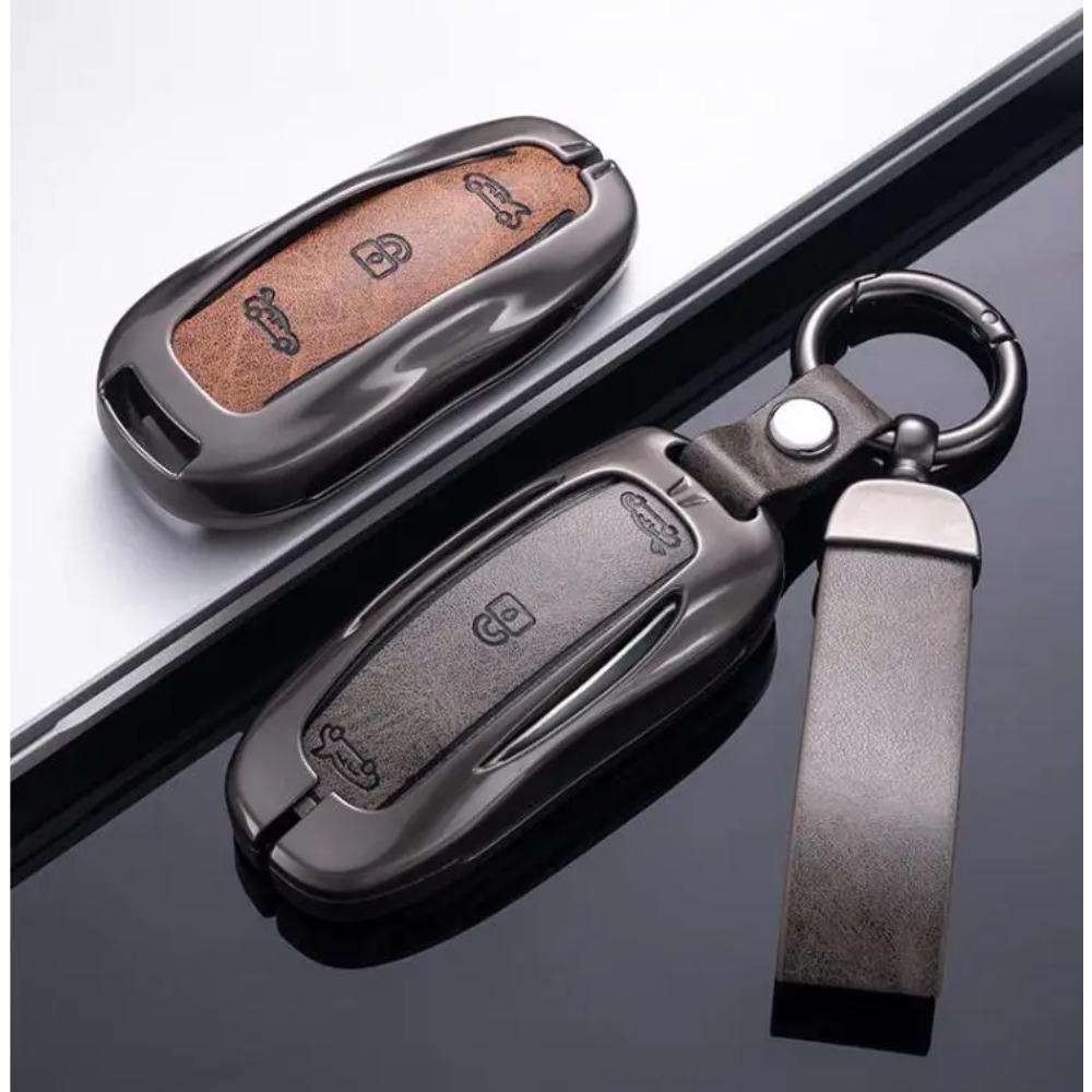 Car Zinc Alloy Leather Key Case Cover Holder for Tesla Model 3 Model S Model Y Model X Protector Keychain Interior Accessories