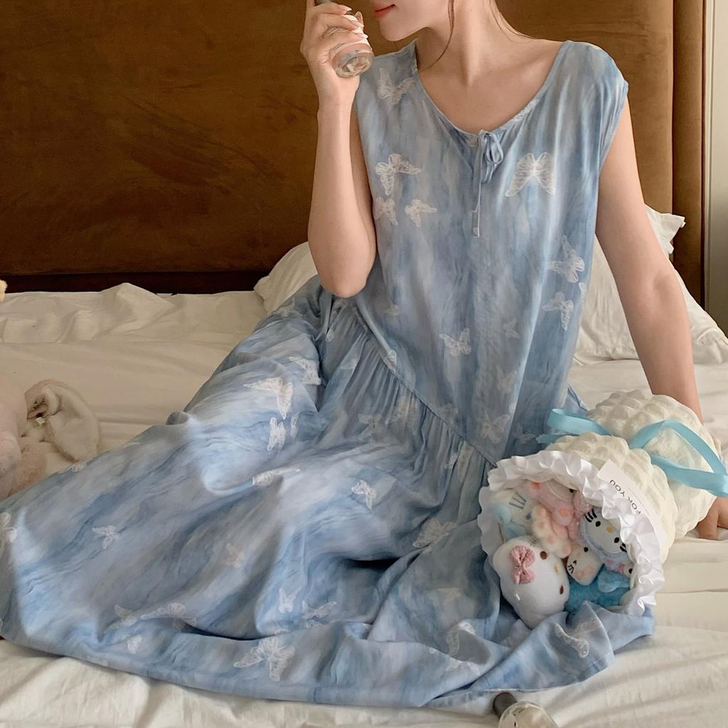 New Chinese sleeveless nightdress women's summer plant flower green cotton silk skirt high-end loungewear national style long skirt thin
