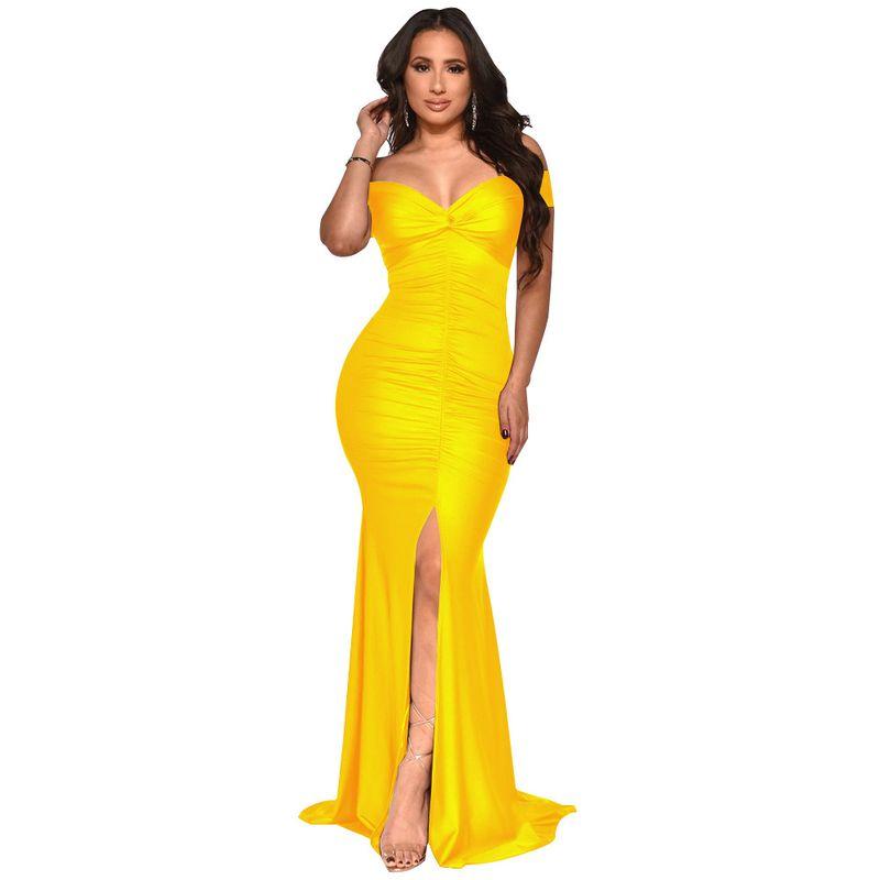 

2025V Collar Shoulder Bag Hip Dress Pleated Slit Long Skirt Yellow XXL