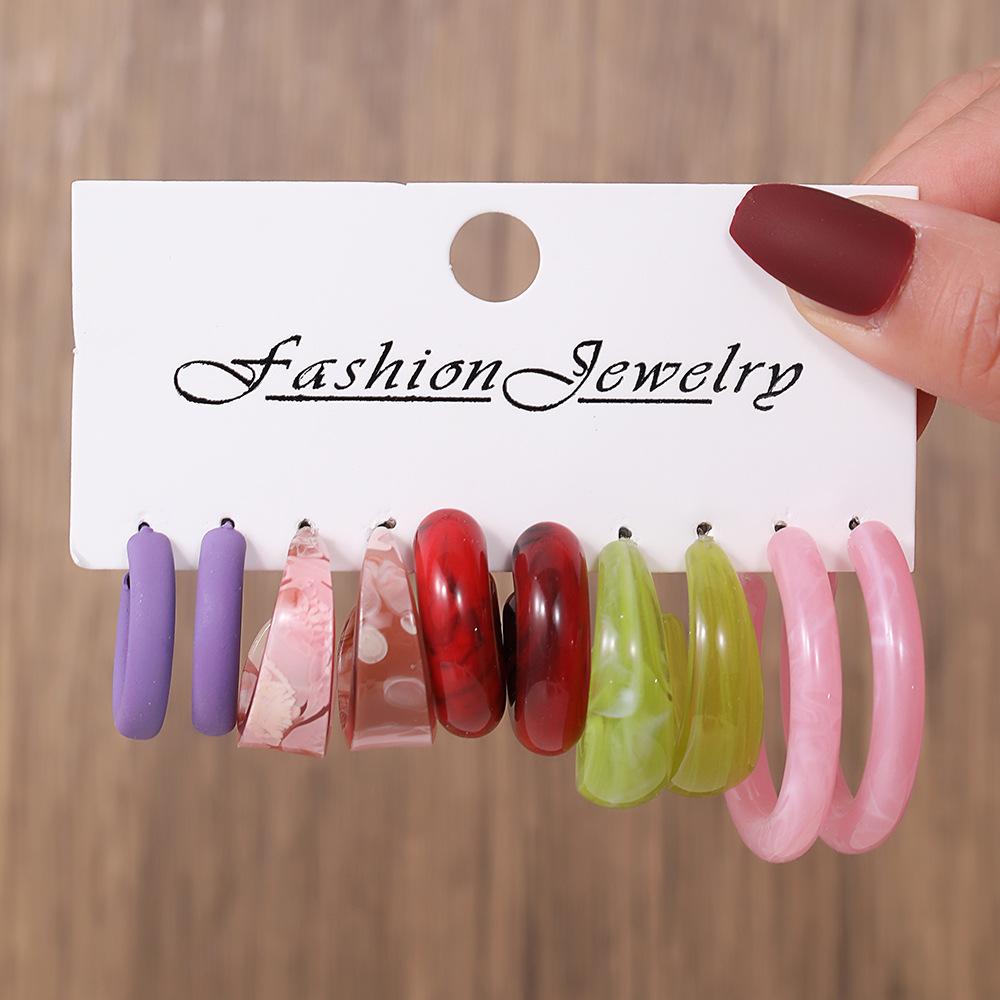 Color Creative Earrings Women's Acrylic C-shaped Mixed Color Resin Earrings 1 Pair Combination Set Exaggerated Earrings