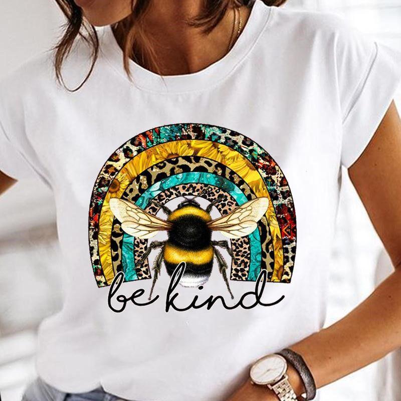 Summer Bee Animal Cartoon Cute Round Neck Pure Cotton Printed Unisexs and Womens Short Sleeved New Personalized Casual Tshirt