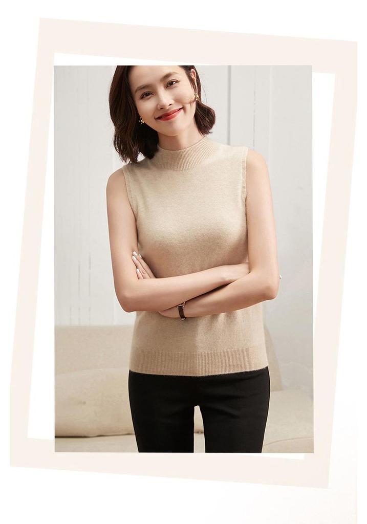 Women's Cashmere Sleeveless Vest - Autumn/Winter, Half-High Collar, Solid Color, Seamless Knit Pullover
