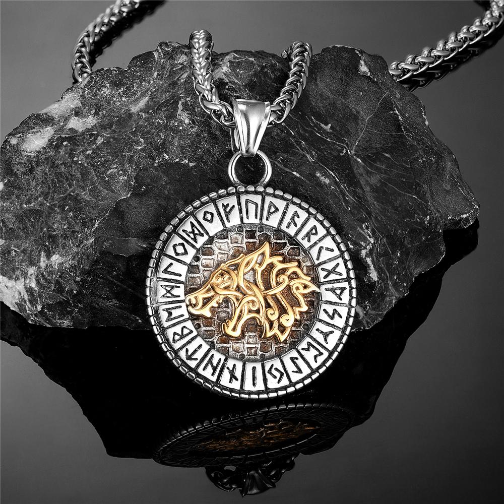 Викингская скандинавская мифология Один Волк Ожерелья Мужские Золотой Цвет Фенрир Руна Подвеска Талисман Нержавеющая Сталь Мужские Скандинавские Украшения 60CM