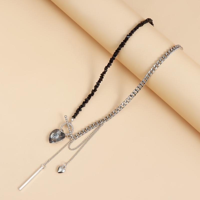Lightweight Comfortable Alloy Heart Shaped Necklace  Mirrored Glass Crystal Beads Clavicle Chain For Daily Wear