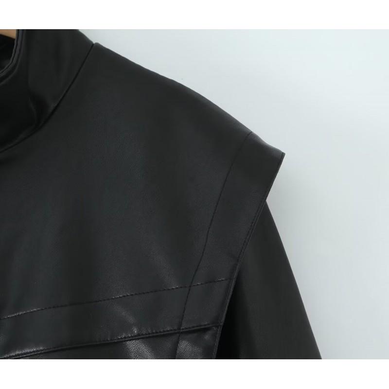 Womens Vintage Inspired Bomber Jacket PU Leather Long Sleeve Loose Fit Streetwear Outerwear