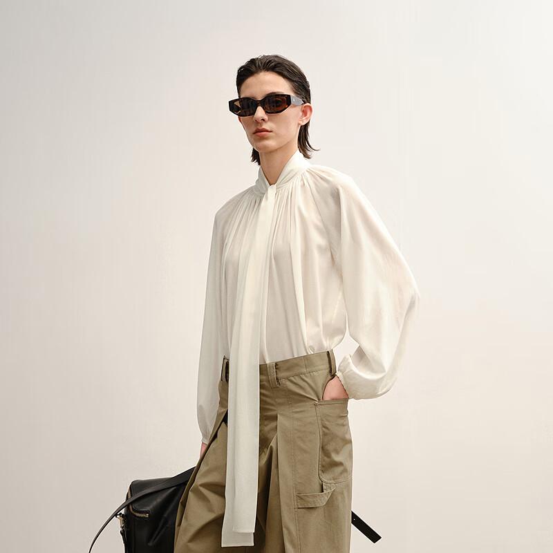 LESS 2025 Fall H-shaped Tie-neck Loose Long-sleeved Silk Blend Shirt