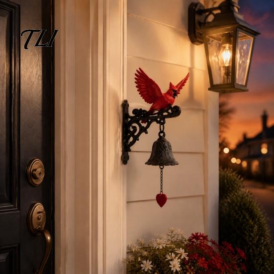 Vintage Style Resin Bell Red Bird Wall Mounted Doorbell, Garden Hanging Bell, Outdoor Artistic Door Chime for Living Room Weatherproof Ornament