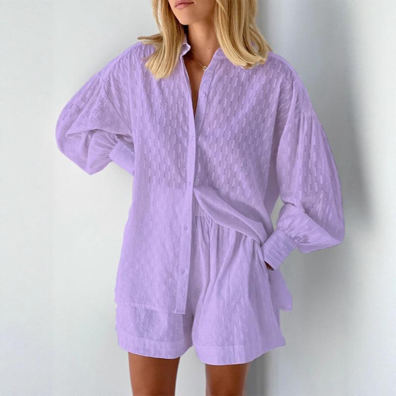 Autumn Women's Shirt Jacquard Puff Sleeve Temperament Top Shorts Commuting Design Casual Suit