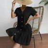 Women's Summer Cotton Linen Midi Dress Casual Short Sleeve V-Neck Button Down Dress Flowy Ruffled A-Line Beach Sundress