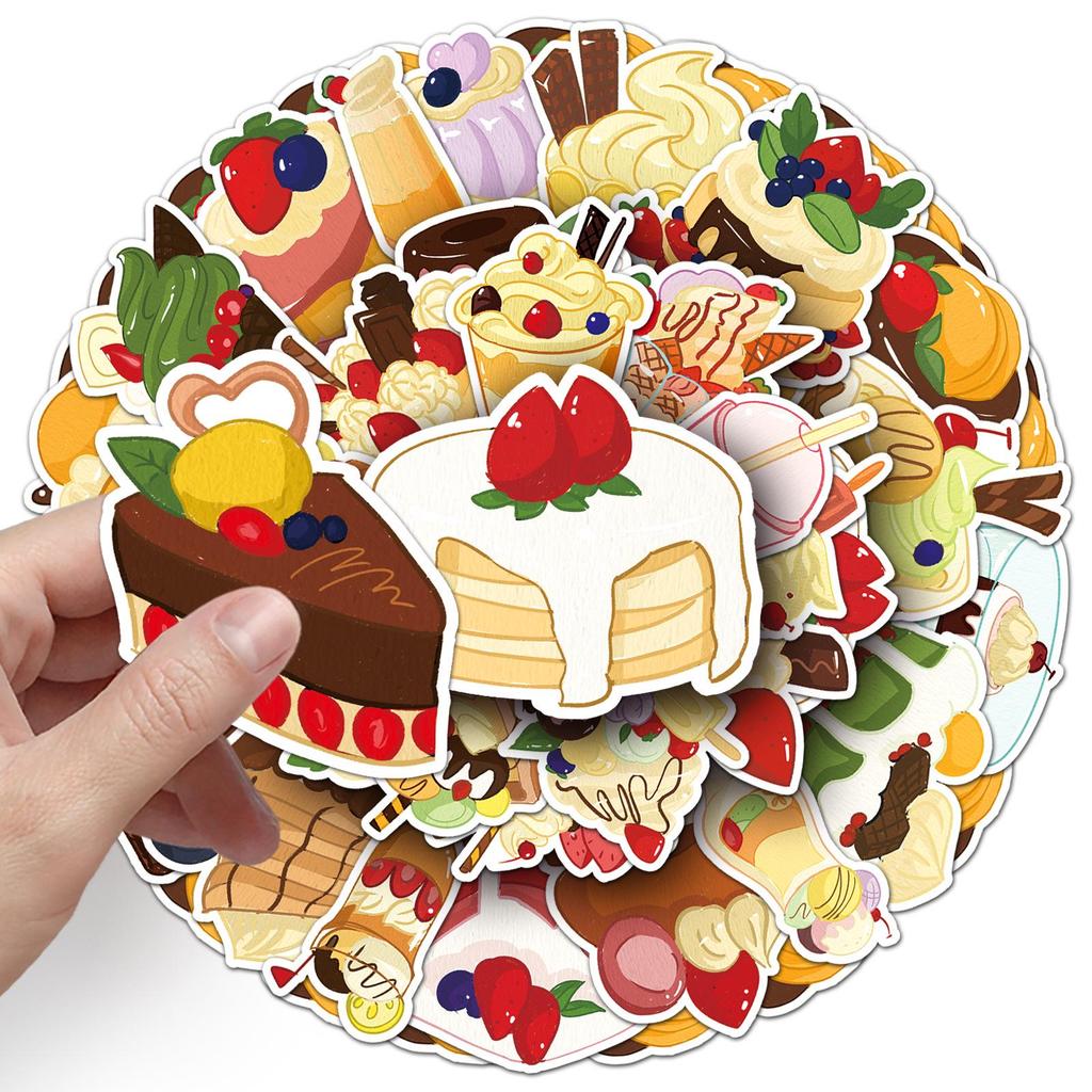 50 Cartoon Dessert Graffiti Stickers: Hand-Painted, Waterproof Decorative Sheets for Cakes, Cups, and Luggage.