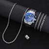 6 Pcs Set Men's Stainless Steel Watches Business Luxury Quartz Wristwatch Calendar Clock Casual Watch Necklace Bracelet Ring Set