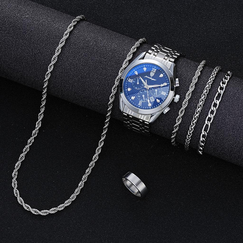 6 Pcs Set Men's Stainless Steel Watches Business Luxury Quartz Wristwatch Calendar Clock Casual Watch Necklace Bracelet Ring Set