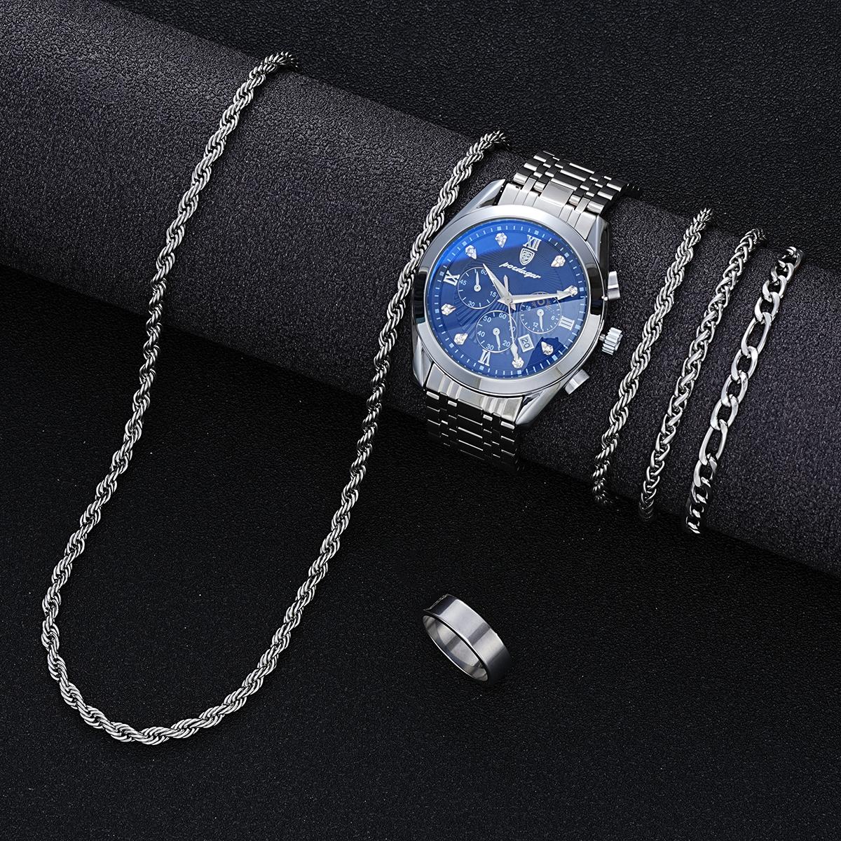 

6 Pcs Set Men s Stainless Steel Watches Business Luxury Quartz Wristwatch Calendar Clock Casual Watch Necklace Bracelet Ring Set
