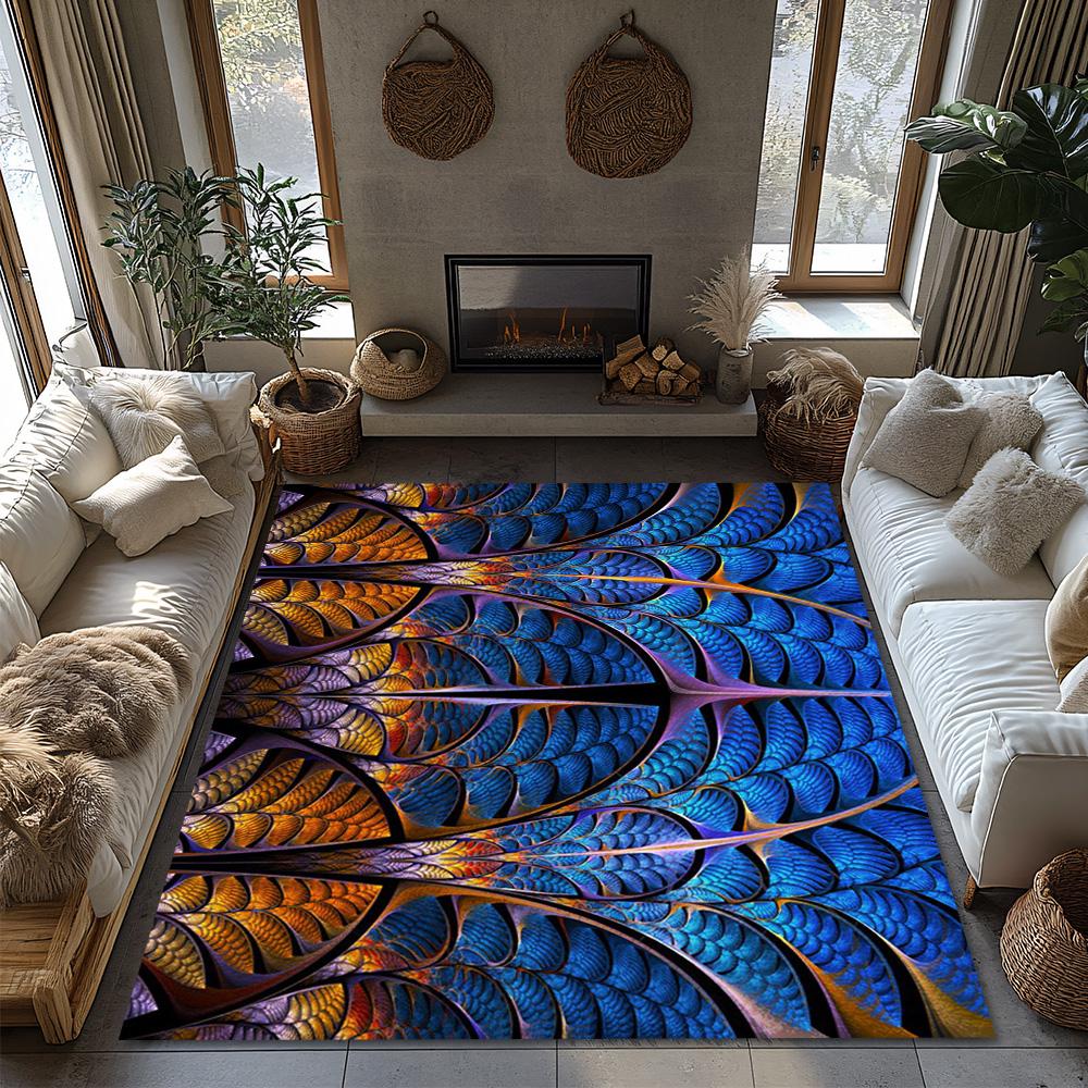 Tuniu Abstract Peacock Feather Area Rug, Blue Orange Floral Design Carpet for Living Room Bedroom Home Decor