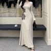 2026 Elegant Chinese-Style Patchwork Lace V-Neck Dress with Coat, Waist-Cinched, Slim-Fit, Autumn/Winter Collection.