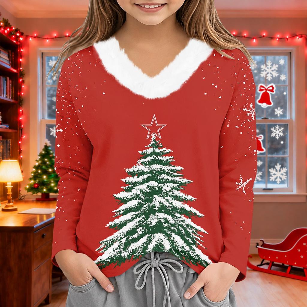 Girls' V-Neck Christmas Print Pullover Top for Winter Casual Wear