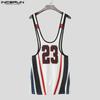 INCERUN Men Low Cut Sleeveless Letter Striped Print Home Wear Jumpsuits Rompers