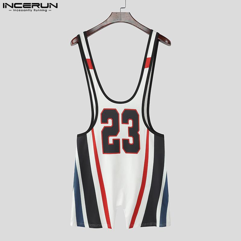 INCERUN Men Low Cut Sleeveless Letter Striped Print Home Wear Jumpsuits Rompers
