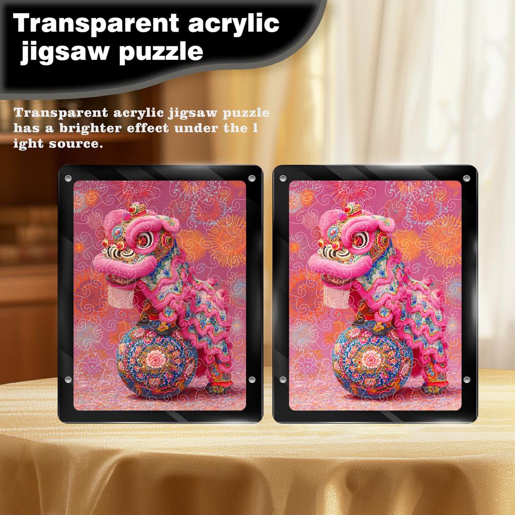 Pink Lion Dance Puzzle Decorative Painting New Chinese Transparent Desktop Ornament Acrylic Puzzle