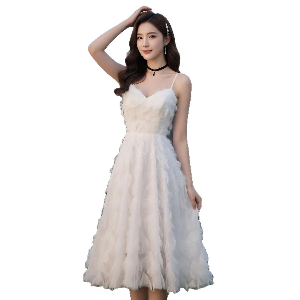 Temperament Suspender Feather Dress Female Waist Thin Medium Long Gentle Wind Fairy Celebrity White Age Reduction Elegant