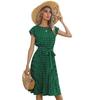 Women's Summer Polka Dot Round Neck Midi Dress with Retro Pleated Skirt