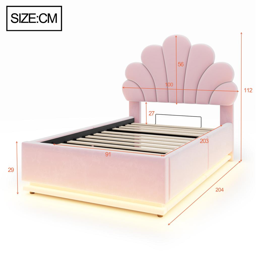 Upholstered Bed 90*200cm, Flower-Shaped Headboard, Hydraulic Storage, LED Lighting and Metal Frame, Velvet Fabric Beige, Pink