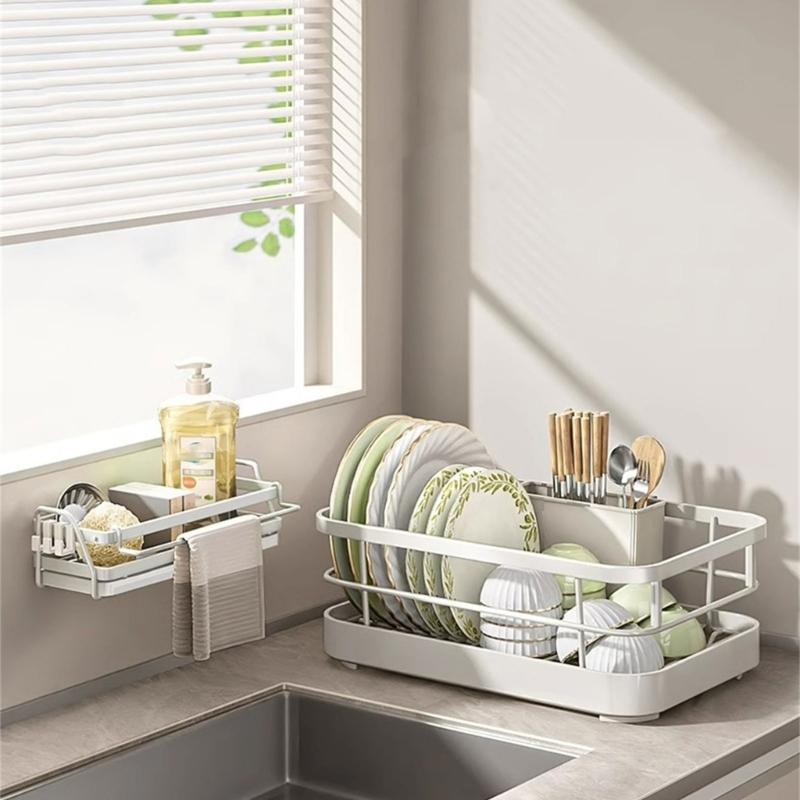 Space Saving Dish Drainer for Kitchen Sink Expandable Sturdy Metal Dish Rack with Utensil Holder Home Accessory
