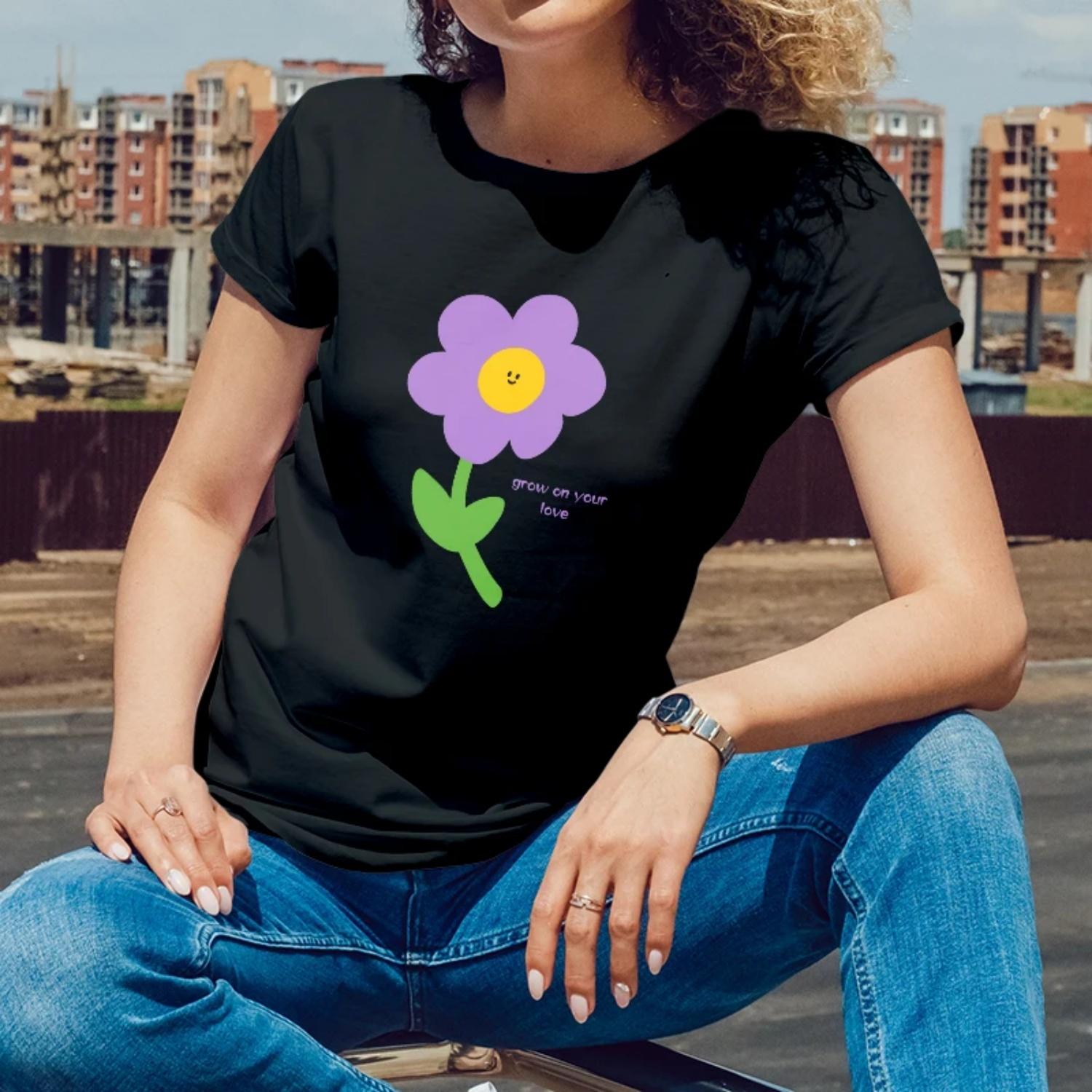 

Summer Womens Short Sleeve CottonTShirtPurple Flower Love themedPrintforOutdoor Summer Days Young Women with a Cute Style S