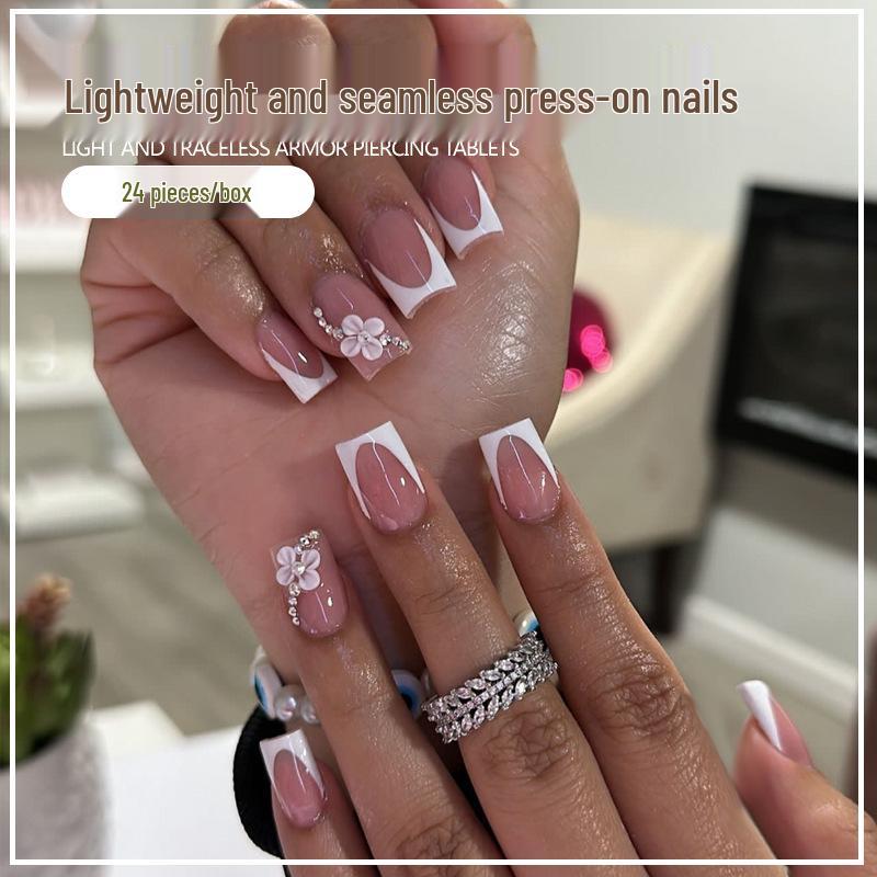 

Stylish Floral Rhinestone French Manicure Wearable Nail Stickers Glue
