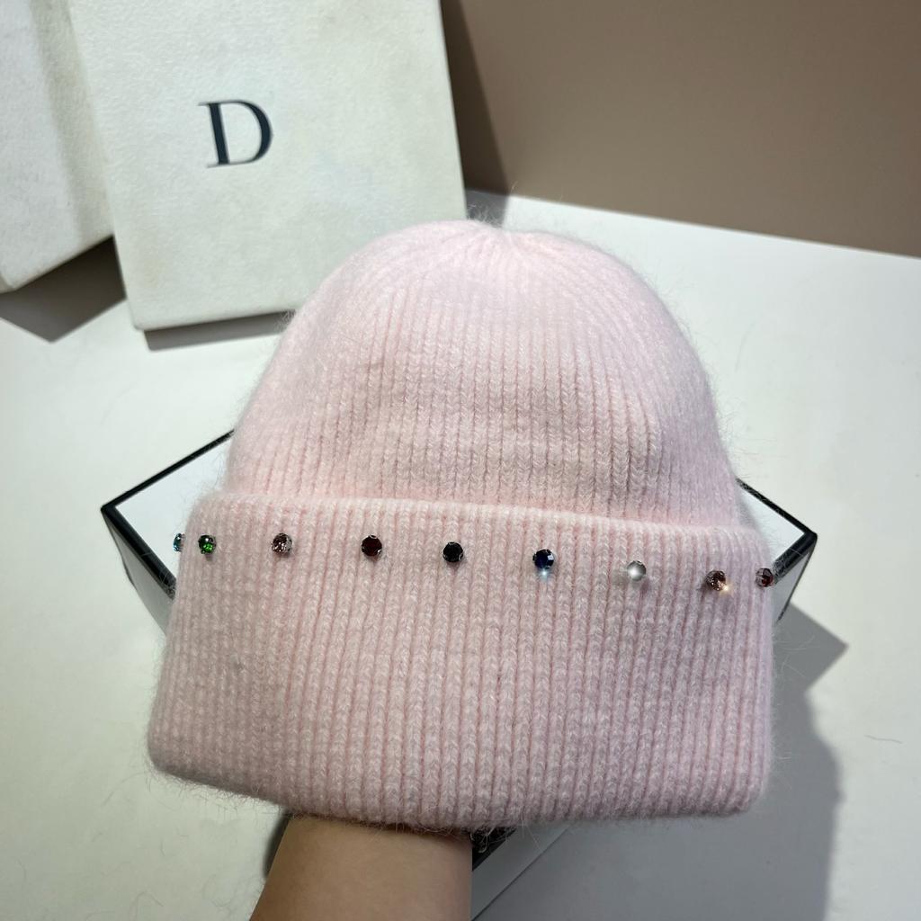 Russian Winter Warm Rabbit Hair Knitted Hat Celebrity Light Luxury Small Diamond Double Fold Wool Hat Women'S Outdoor Windproof