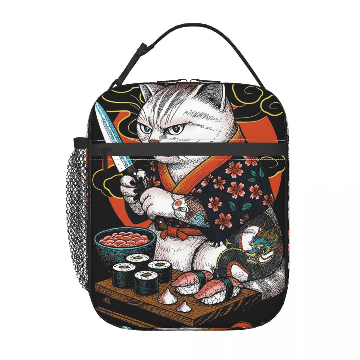 

A Cat In A Kimono Eating Sushi Insulated Lunch Bag for Kids School Cooler Thermal Food Box Tote Leakproof Lunch Boxes Container One Size