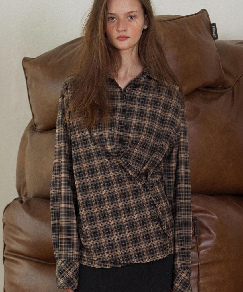 Hauseuobeupondeu Plaid Check Cross Button Shirt_Brown