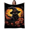 1pc Witch Cat Flannel Blanket - Black & Golden Gothic Design with Glowing Jack-O-Lanterns & Witch Hat - Heavy-Duty 280GSM All-Season Soft Warm Throw F