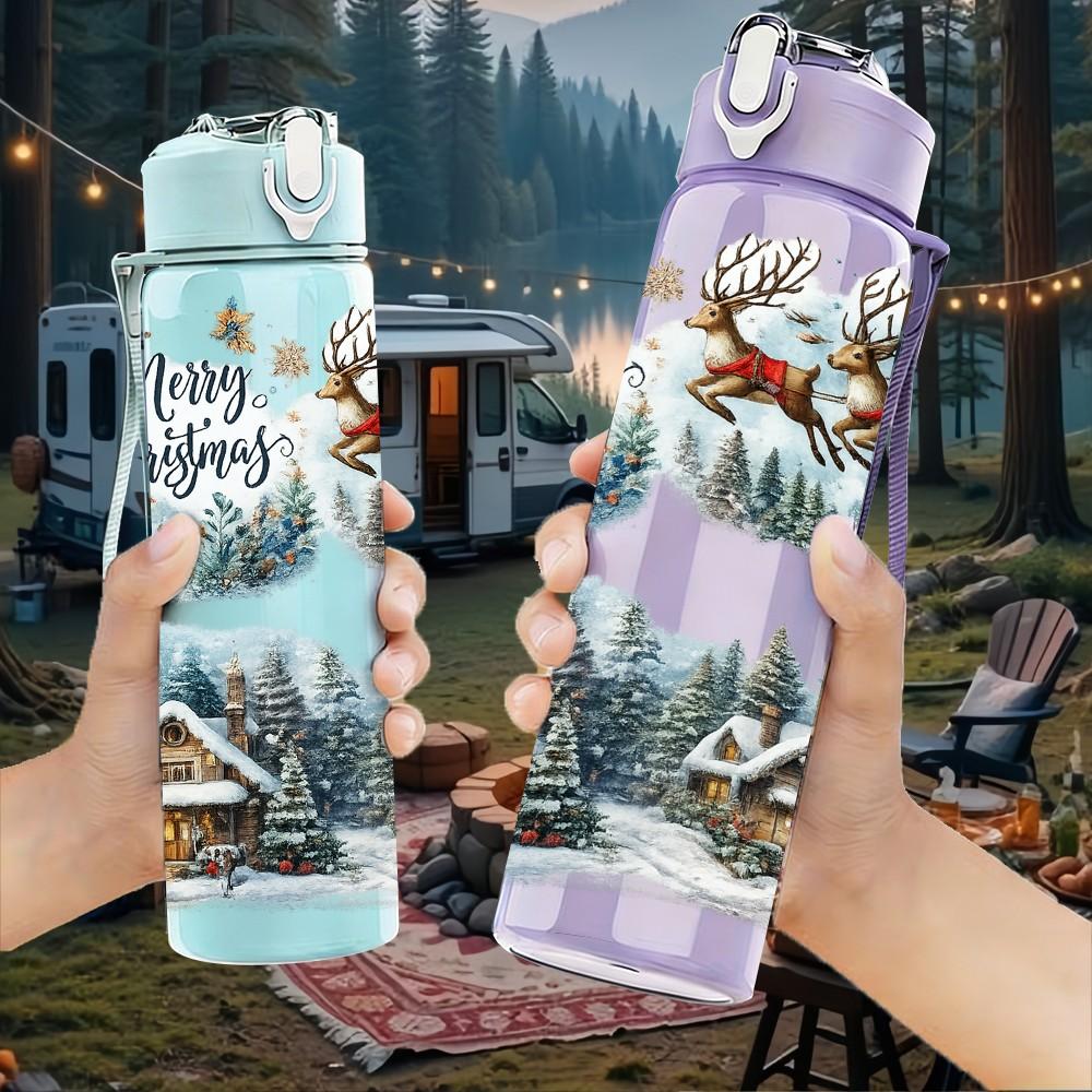 1PC Winter Cabin Snow House Scene Print 750ml Color Plastic Sports Water Bottle Leakproof Flip Straw Lid Suitable for Sports Office Home Use