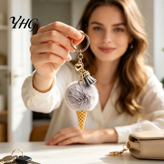 Soft Decorative Charm Plush Ice Cream Keychain for Backpacks, Fluffy Cone Keyring Decor Bag Charm, Pendant with Metal Ring Backpack Decoration