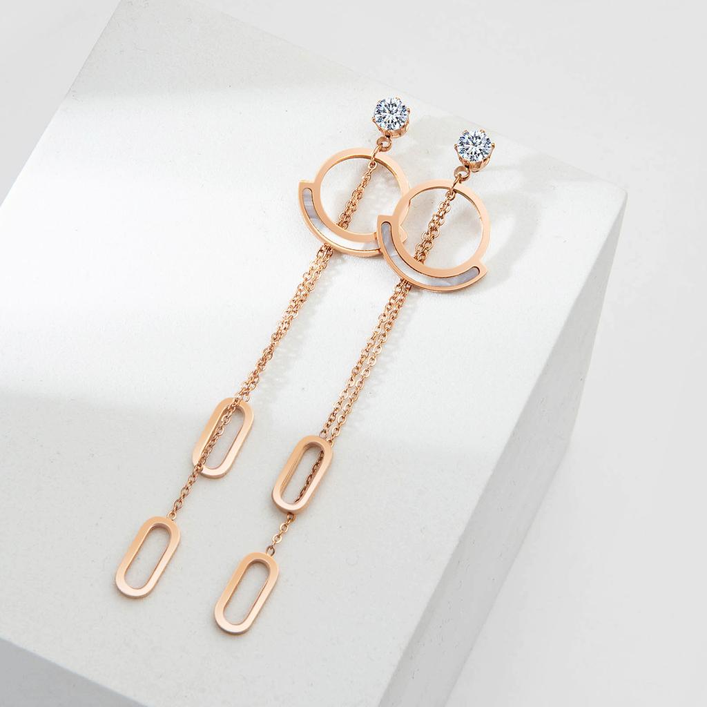 Wind Fashion Earrings Long Fairy Full White Shell Stainless Steel Ears Fringed Hanging Titanium Steel Earrings