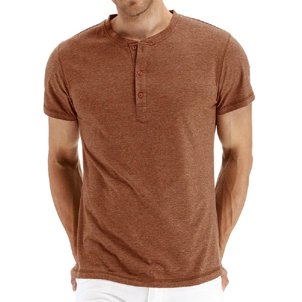 Summer Cotton Men T-shirt Henley Neck Fashion Design Slim Fit Solid T-shirts Male Tops Tees Short Sleeve T Shirt For Men