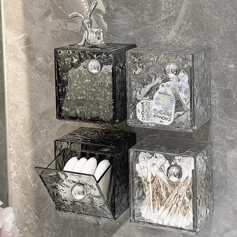 Wall-Mounted Transparent Bathroom Organizer: Cotton Swab Box, Mirror Cabinet, Cotton Pad Holder, and Lipstick Display Rack