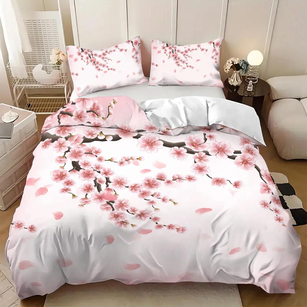 3Pc Bedding 1 Set Of Cherry Blossom Print +2 Pillowcases Without Core Various Size Suitable For Multiple Occasions