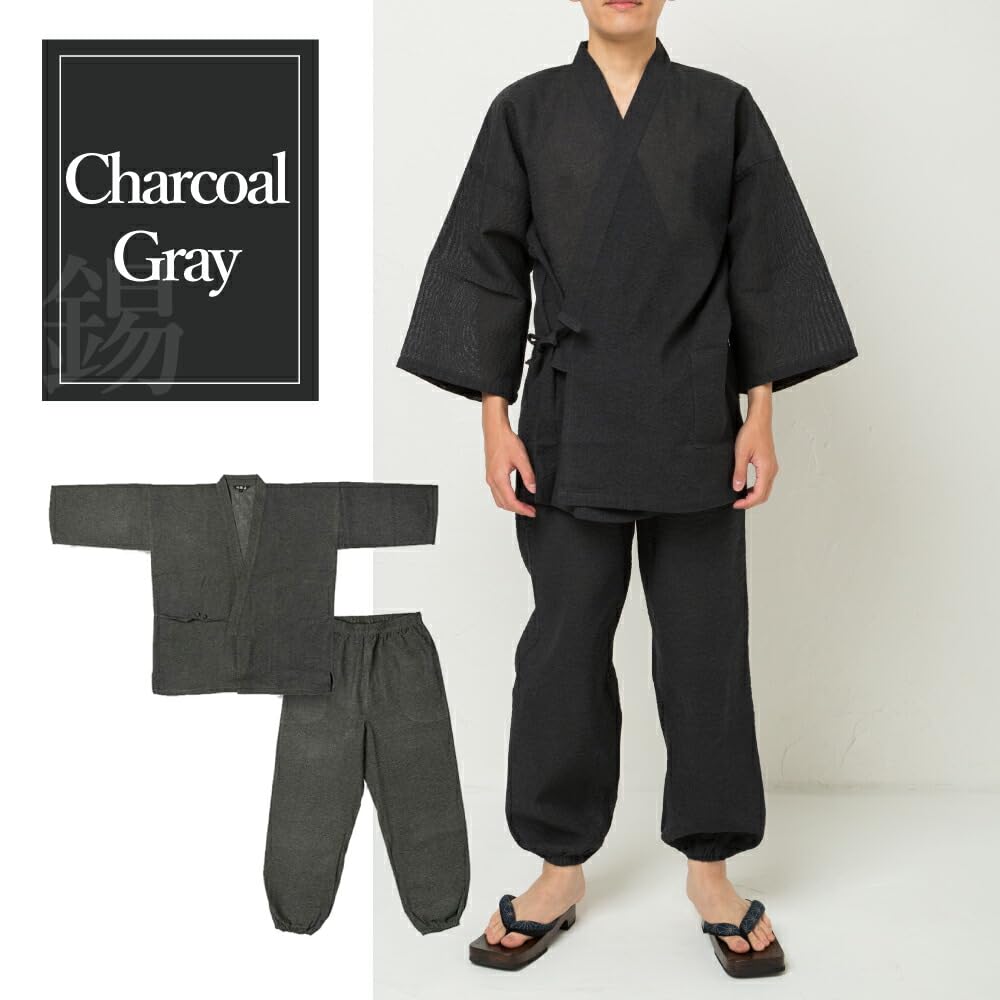 factory Top and Bottom Solid Summer Japanese Cool and Elastic Size Y's Men's Shijira-woven Samue/Jinbei Set, Color, 100% Cotton, Loungewear, Pajamas,