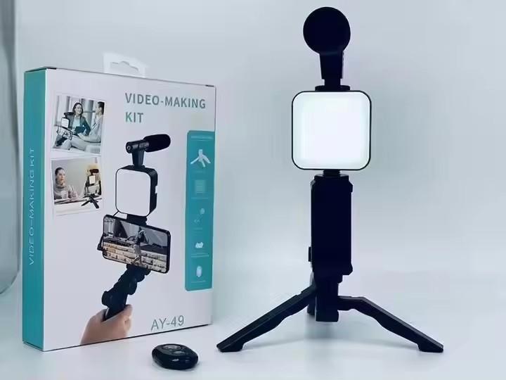 Vlog Beginners Smartphone Phone Video Kit AY-49 LED Light Microphone Tripod Hands Free Blog Youtube Camera Travel Vlogging Kit AY-49