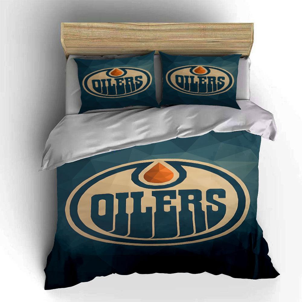 Oilers Logo On Geometric Blue Background Print Bedding Set Duvet Cover Pillowcases (1* Duvet Cover 2* Pillowcases Do Not Include Comforter)