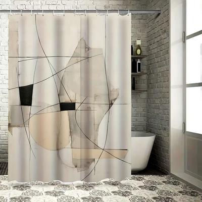 White Shower Curtain with Black Abstract Design for Bathroom Decor Modern Interior Decoration