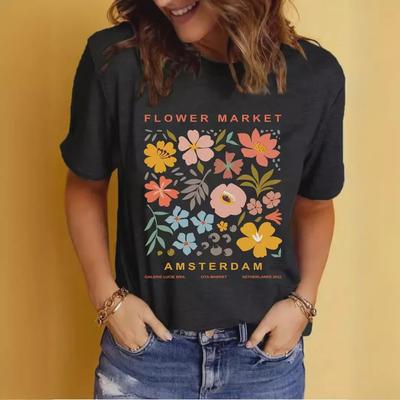 Damen Sommer Gemustertes Rundhals Kurzarm Freizeit T-Shirt