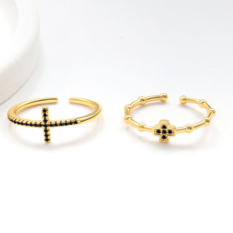 925 Silver Black Zircon Crystal Cross Finger Rings For Women Fashion Wedding Engagement Party Charm Jewelry