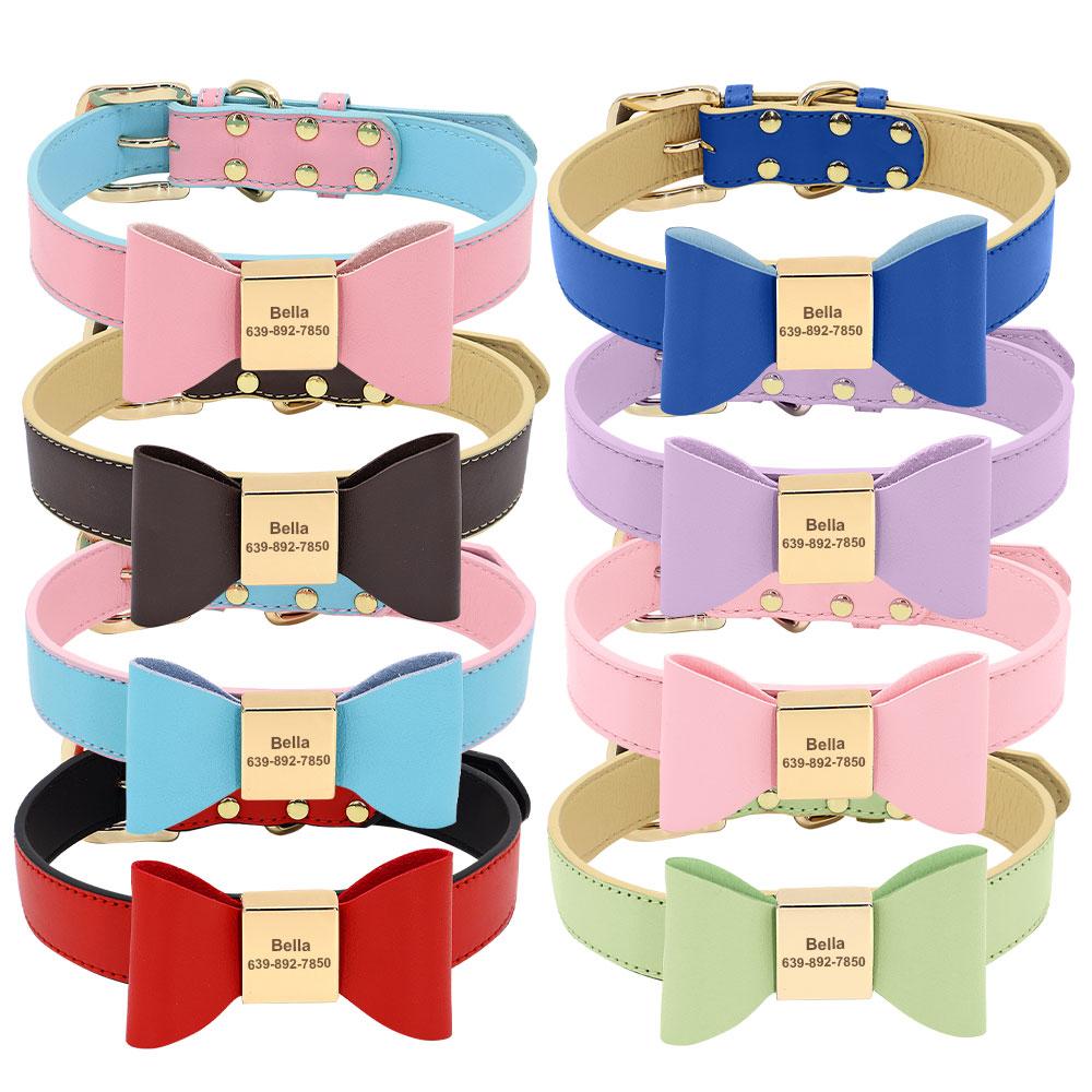 Personalisiertes Hundehalsband mit Namen Weiches PU-Leder Welpe Katze Schleife Halskette Verlustsichere ID-Halsbänder für Kleine Mittelgroße Große Hunde Katzen