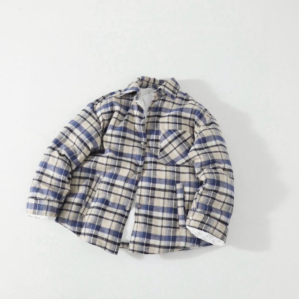 High-Quality Plaid Lapel Down Jacket: Pure Cotton, Brushed, Neutral Old Money Style, Loose Fit, Warm Zipper Outerwear.